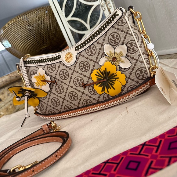 New Tory Burch 🌼 T MONOGRAM BRAIDED FLORAL STUDIO HAZELNUT - Picture 9 of 13